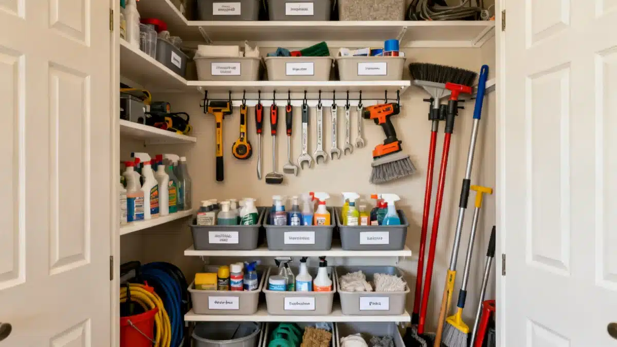 Organized utility closet with cleaning supplies and tools