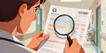 Stressed patient examining a complex medical bill with a magnifying glass, seeking clarity on charges.