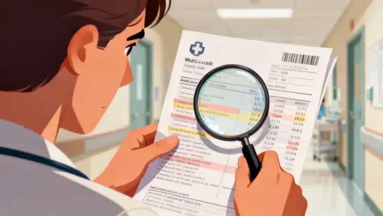 Stressed patient examining a complex medical bill with a magnifying glass, seeking clarity on charges.