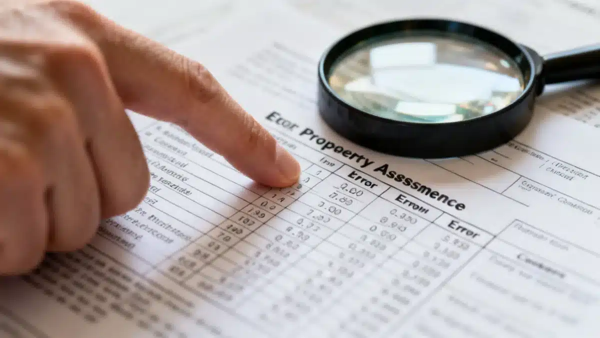 Hand pointing out error on property assessment notice