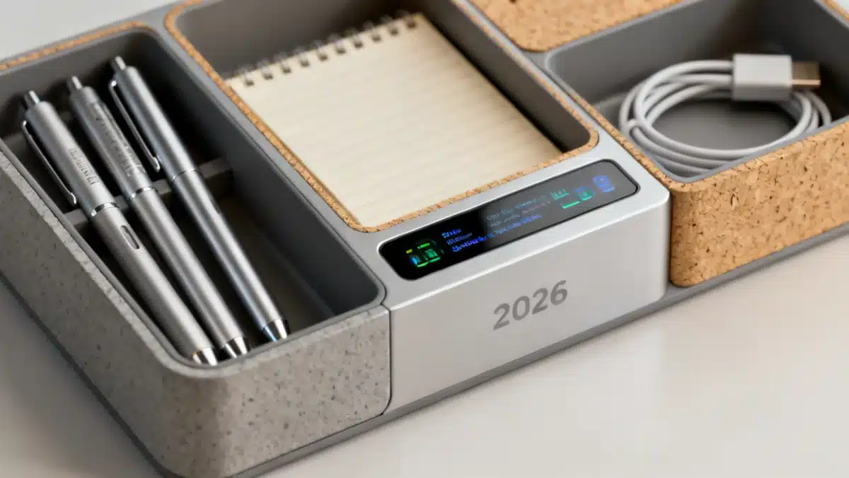 Smart desk organizer 2026 with modular compartments and integrated display for efficiency.