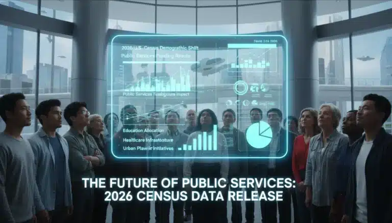 Diverse community engaging with digital census data projections