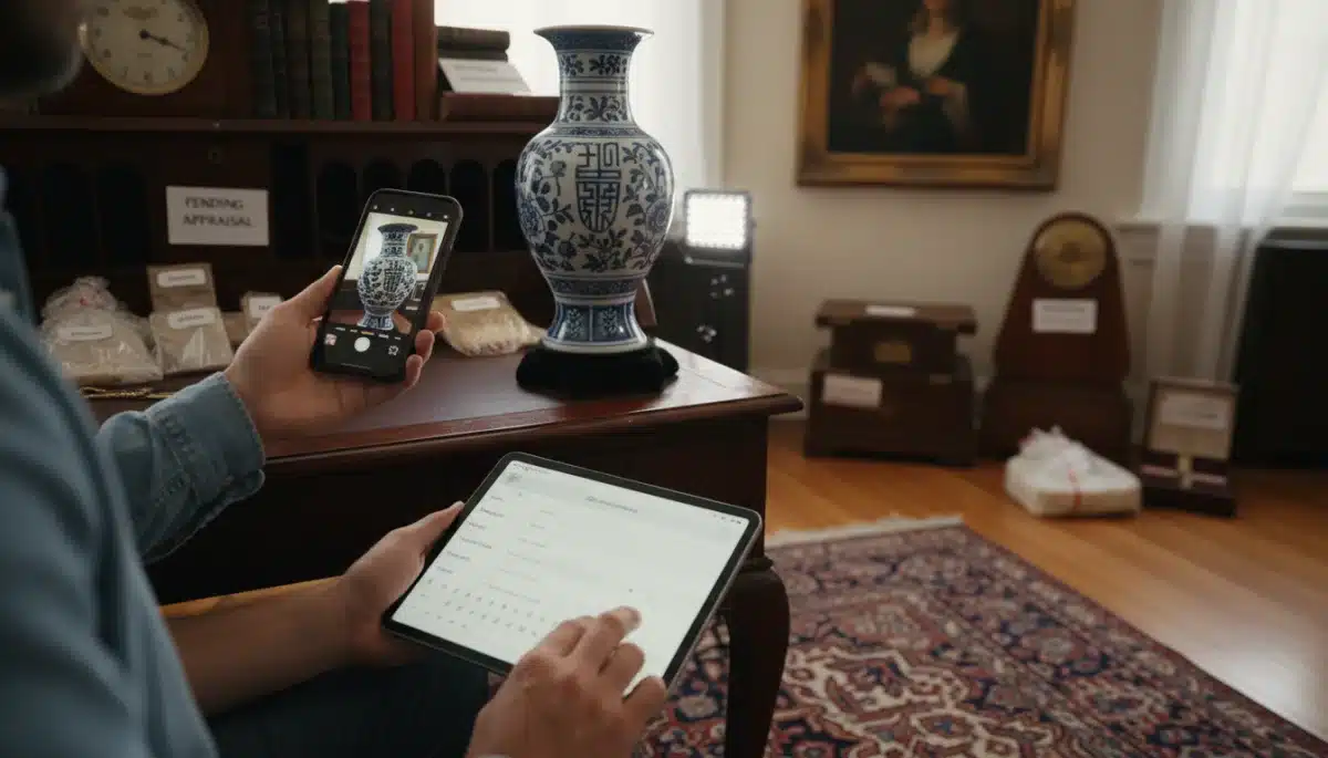 Person documenting a valuable item for home inventory with a smartphone and tablet.