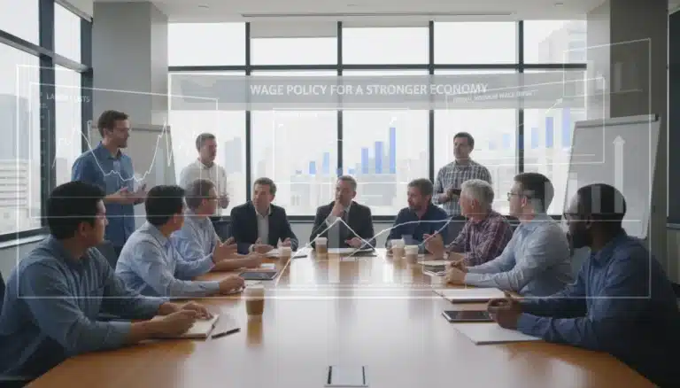 Diverse group debating 2026 federal minimum wage impacts