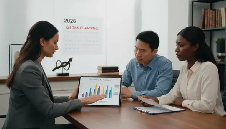 Financial advisor explaining 2026 U.S. capital gains tax to clients
