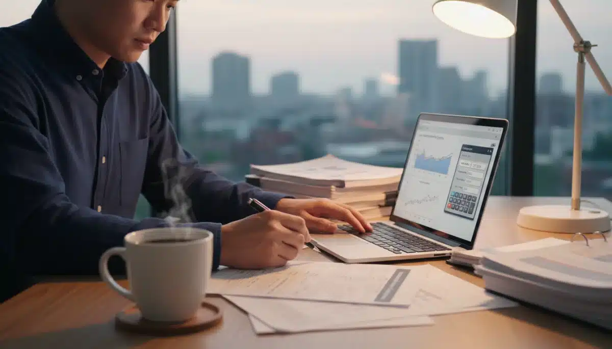 Person reviewing financial documents and laptop for student loan repayment planning.