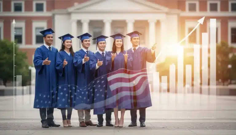 Graduates celebrating with financial charts in background, symbolizing student loan repayment strategies.