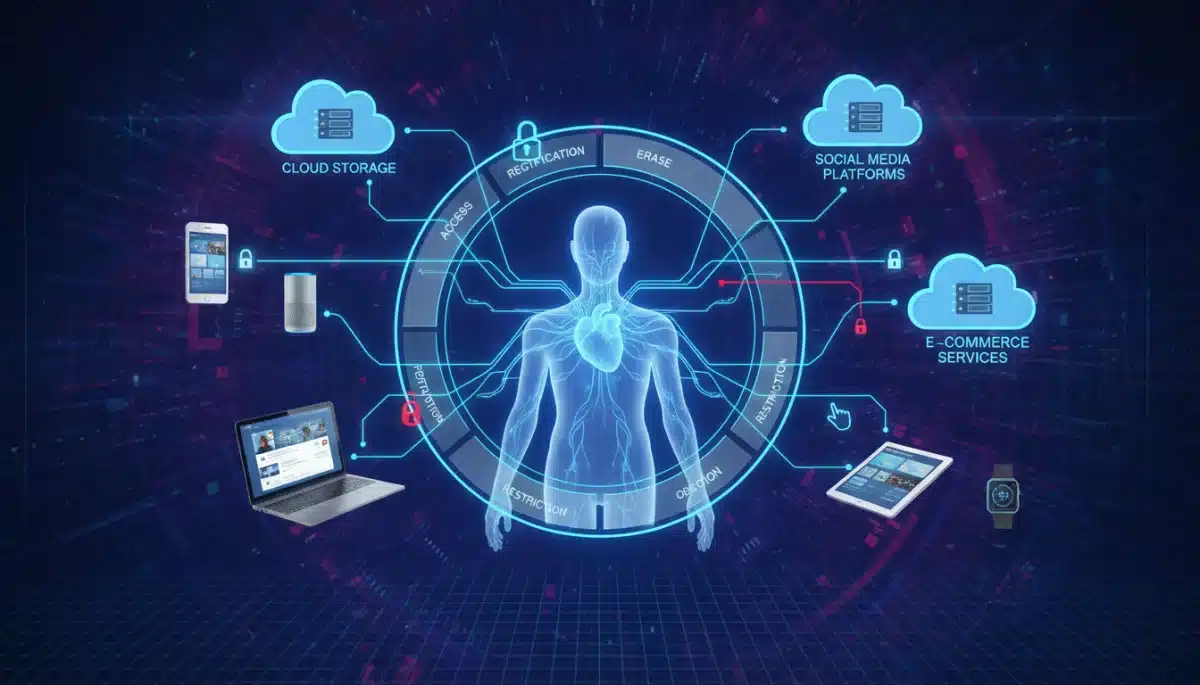 Diagram showing an individual's control over personal data across interconnected devices and cloud services.
