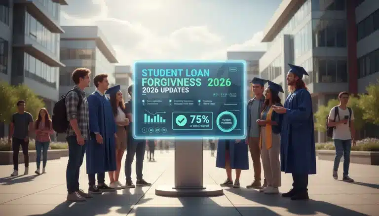 Students reviewing 2026 student loan forgiveness updates on a digital display