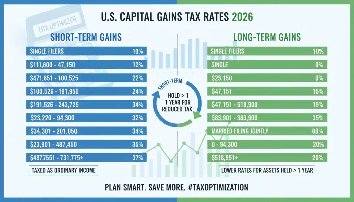 Infographic showing U.S. capital gains tax rates 2026