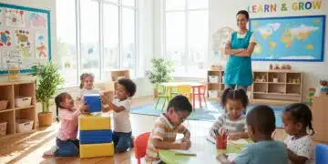Children playing happily in a well-equipped child care center, symbolizing federal support for early education.