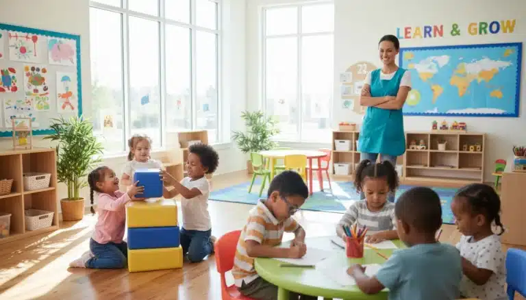 Children playing happily in a well-equipped child care center, symbolizing federal support for early education.