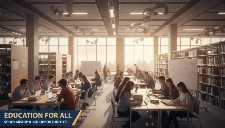 Diverse college students studying in a modern library, symbolizing federal student aid access.