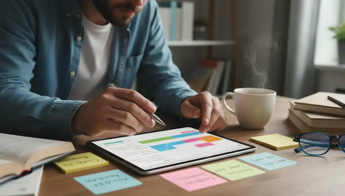 Person using a tablet for digital calendar and task management.