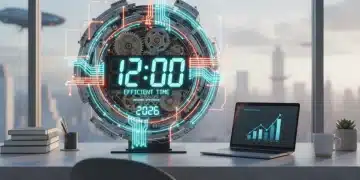 Boost Productivity 2026: Time Blocking & Task Prioritization Digital clock with gears symbolizing efficient time management in a modern workspace.