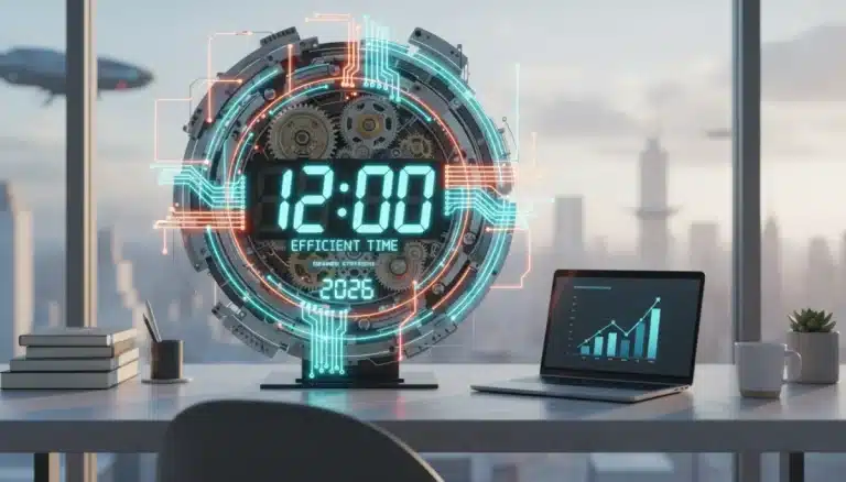 Digital clock with gears symbolizing efficient time management in a modern workspace.