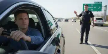 Driver with hands on steering wheel during traffic stop, calmly interacting with police officer.