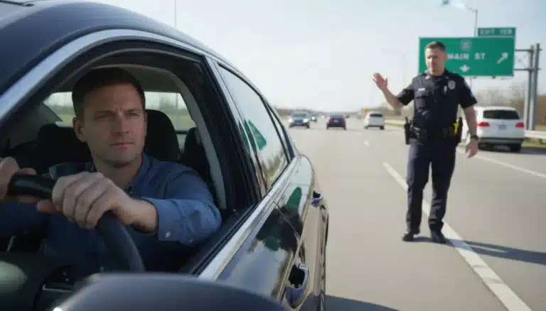 Driver with hands on steering wheel during traffic stop, calmly interacting with police officer.