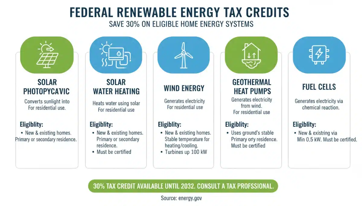 Infographic showing eligible renewable energy systems for federal tax credit.