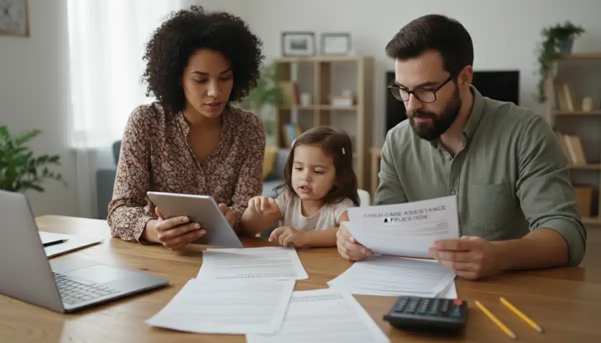 Family reviewing child care subsidy application forms on a tablet.