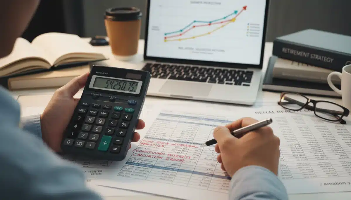 Person analyzing financial documents and using a calculator, representing meticulous retirement planning and avoiding common mistakes.