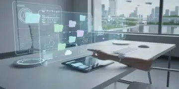 Futuristic digital workspace with organized files and cloud storage on holographic displays, representing efficient digital life.