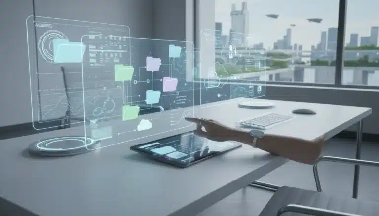 Futuristic digital workspace with organized files and cloud storage on holographic displays, representing efficient digital life.