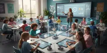 Students actively engaged in K-12 learning using modern technology