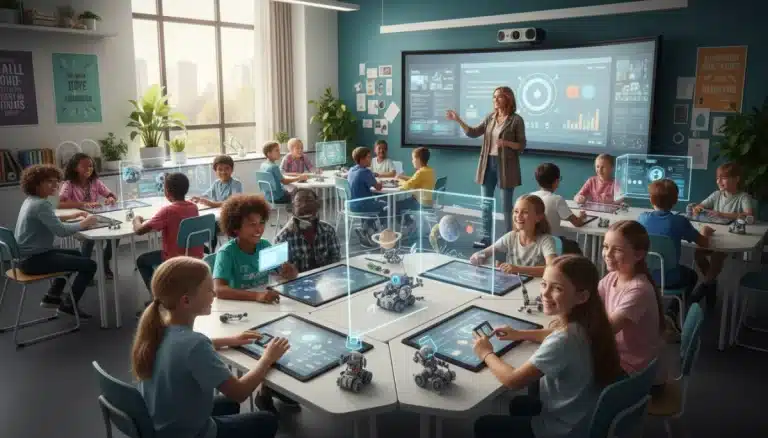 Students actively engaged in K-12 learning using modern technology