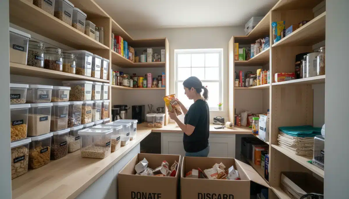 Person organizing kitchen pantry, sorting items into containers.
