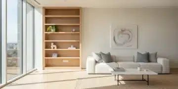 Organized living room with natural light, modern furniture, and tidy shelves, representing a clutter-free home.