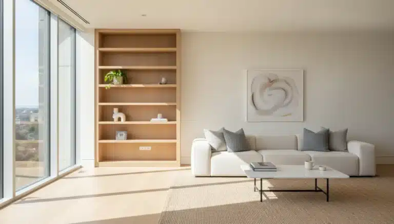 Organized living room with natural light, modern furniture, and tidy shelves, representing a clutter-free home.