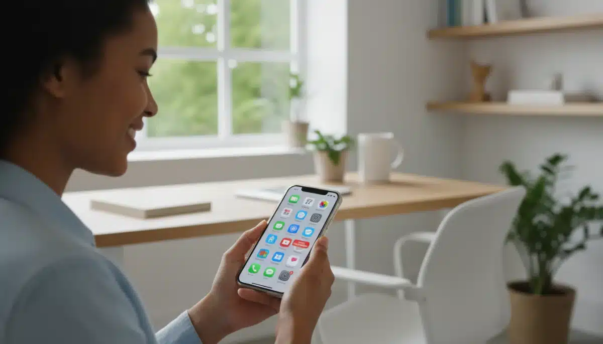 Person happily viewing an organized smartphone screen in a modern home office.