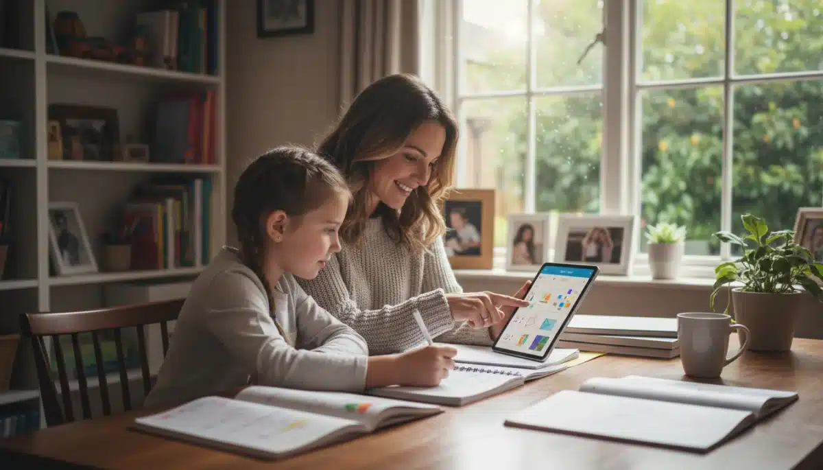 Parent and child collaborating on homework using a tablet