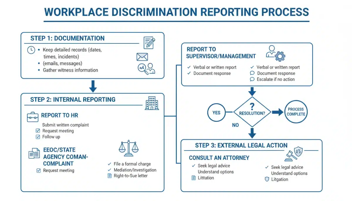 Flowchart depicting the steps to report workplace discrimination effectively.
