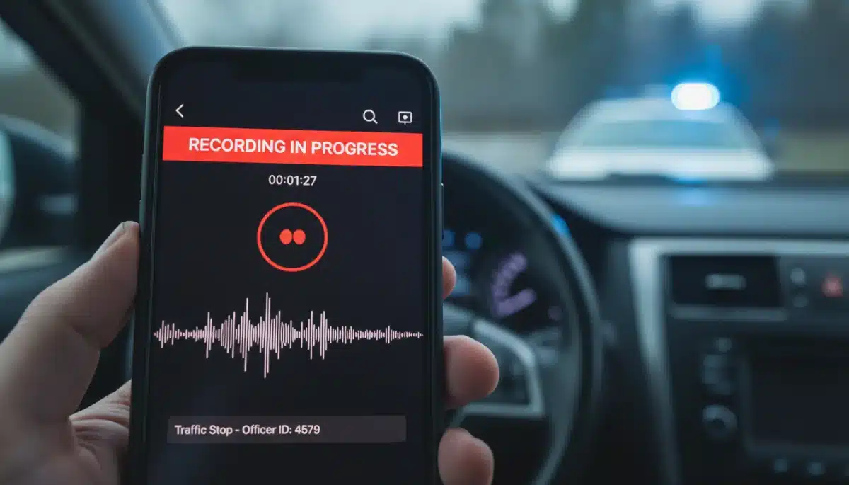 Smartphone displaying recording app during traffic stop, emphasizing digital documentation.