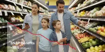 SNAP Benefits 2026: 10% Changes & Financial Impact Family looking at groceries, symbolizing the financial impact of 2026 SNAP benefit changes.