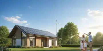 Solar panels and wind turbine on a modern home, symbolizing renewable energy incentives for homeowners.