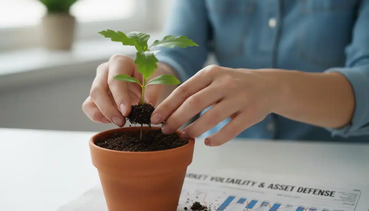 Hand planting a small plant, symbolizing strategic investment and growth