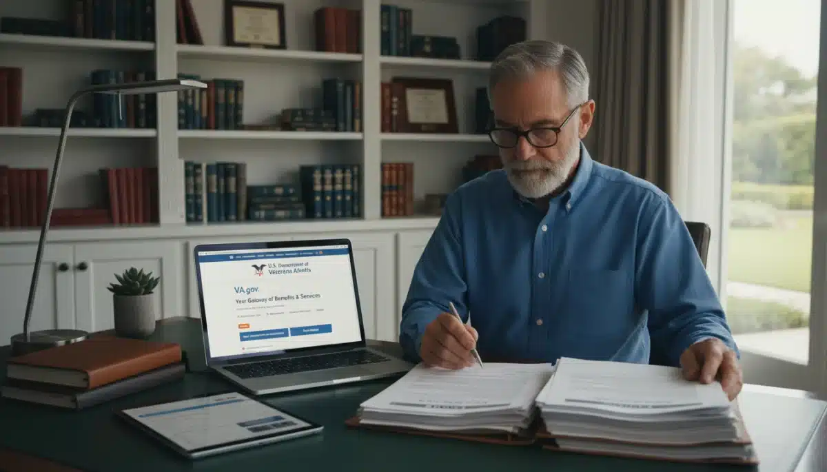 Veteran reviewing VA benefit documents and online resources