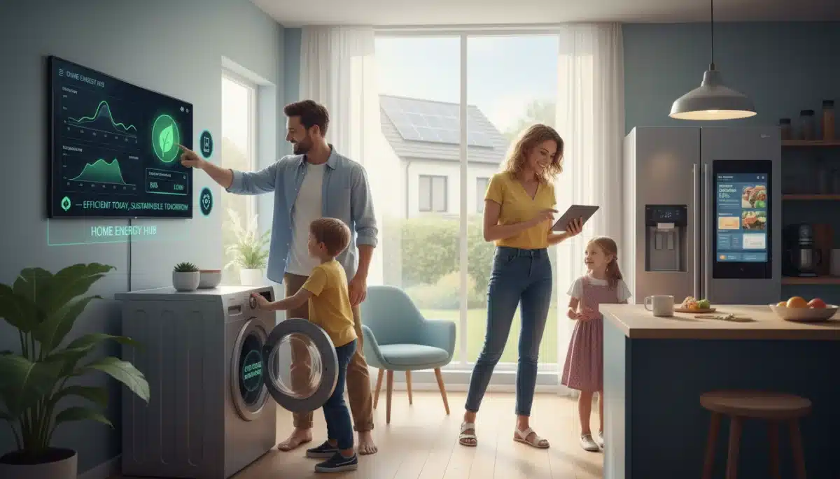 Family using smart home energy management system, demonstrating consumer adaptation to new policies.