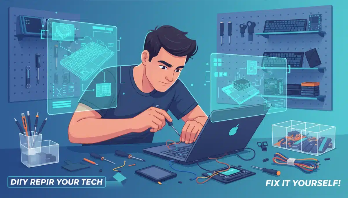 Consumer repairing a broken laptop with accessible parts, illustrating the impact of right to repair electronics legislation.