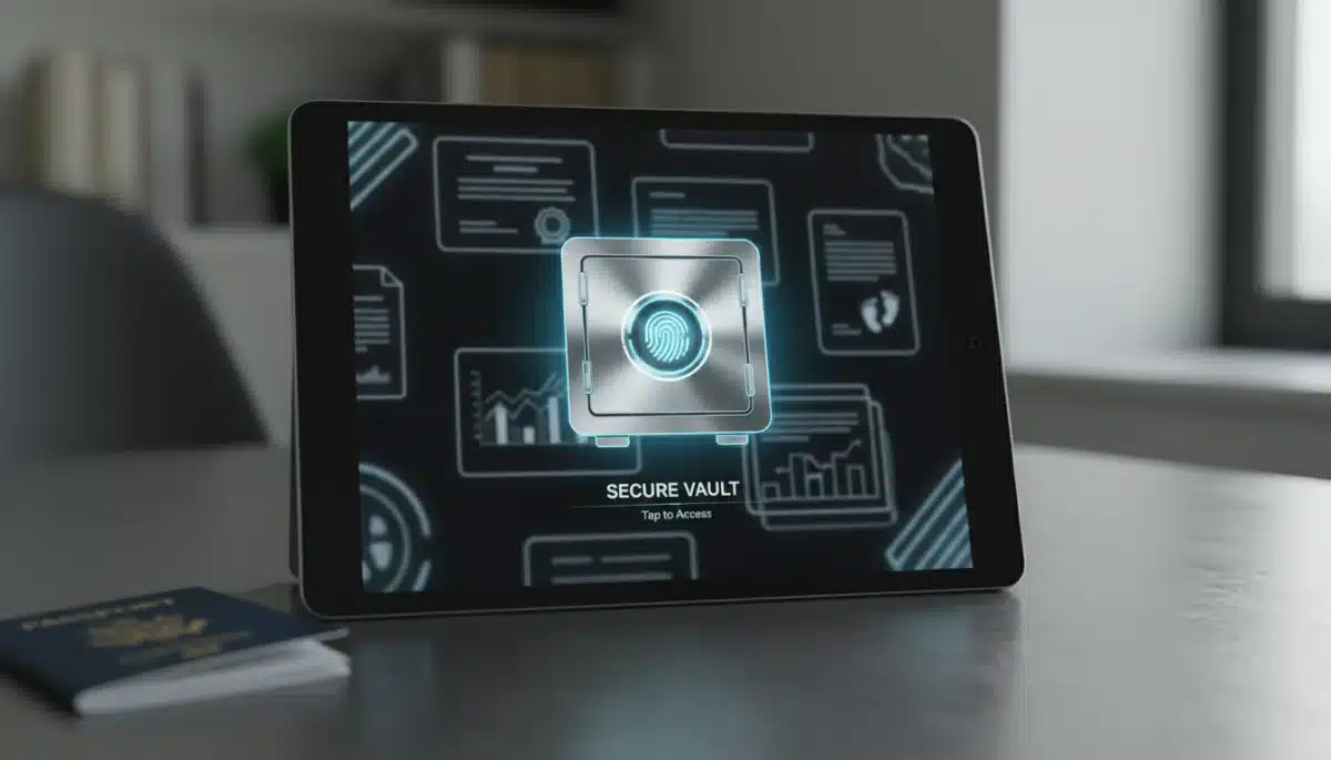 Digital vault icon on tablet protecting personal documents