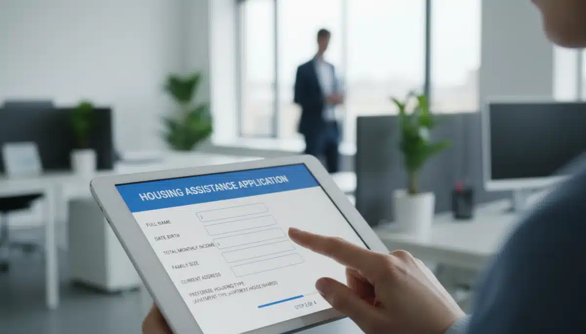 Digital housing assistance application on a tablet, symbolizing modern access.