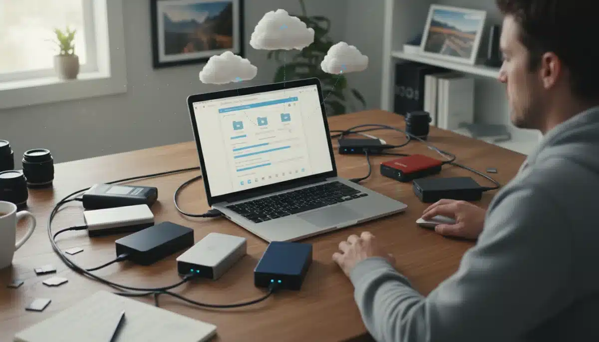 Person backing up digital photos to external drives and cloud