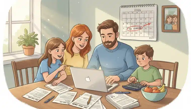 Family reviewing tax documents and a laptop for 2026 tax deductions
