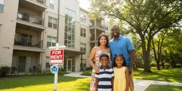 Happy family in front of a modern apartment building, symbolizing successful Section 8 housing.