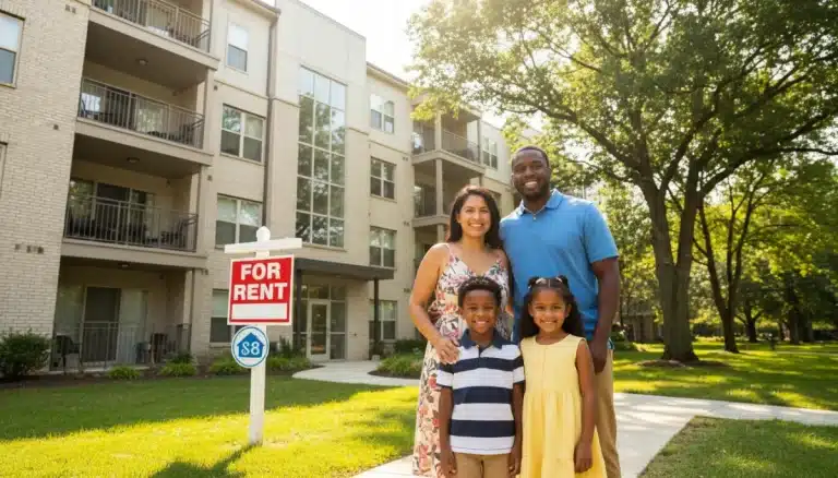 Happy family in front of a modern apartment building, symbolizing successful Section 8 housing.