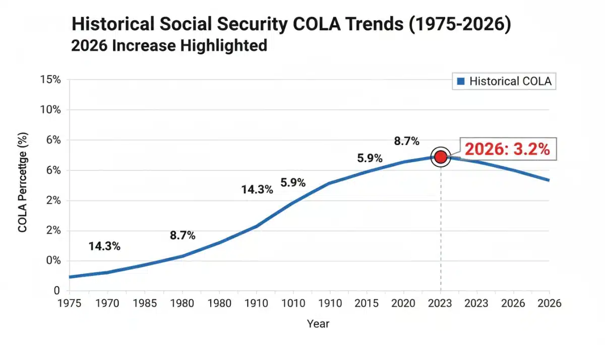 Graph showing historical Social Security COLA percentages including 2026 3.2% increase