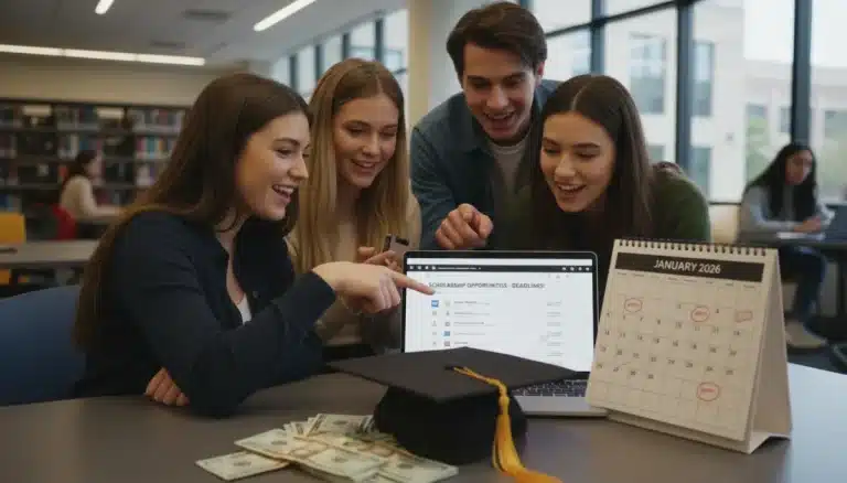 Students reviewing January 2026 scholarship deadlines on a laptop, emphasizing financial aid opportunities.